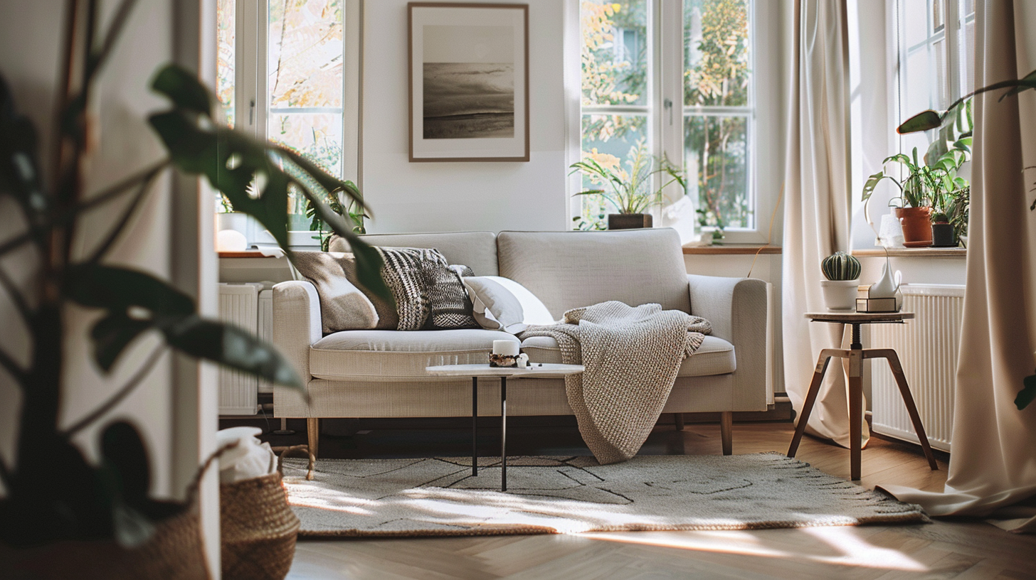 A stylish living room blending modern and Scandinavian design elements with natural light and greenery.