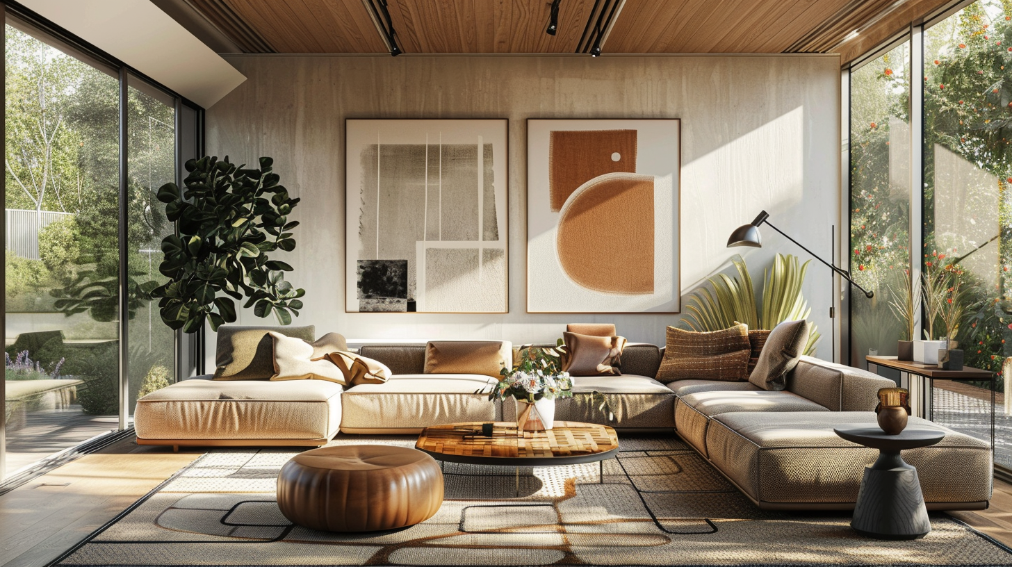 Modern living room with abstract, nature-inspired, and 3D wall art showcasing the latest 2025 home decor trends.