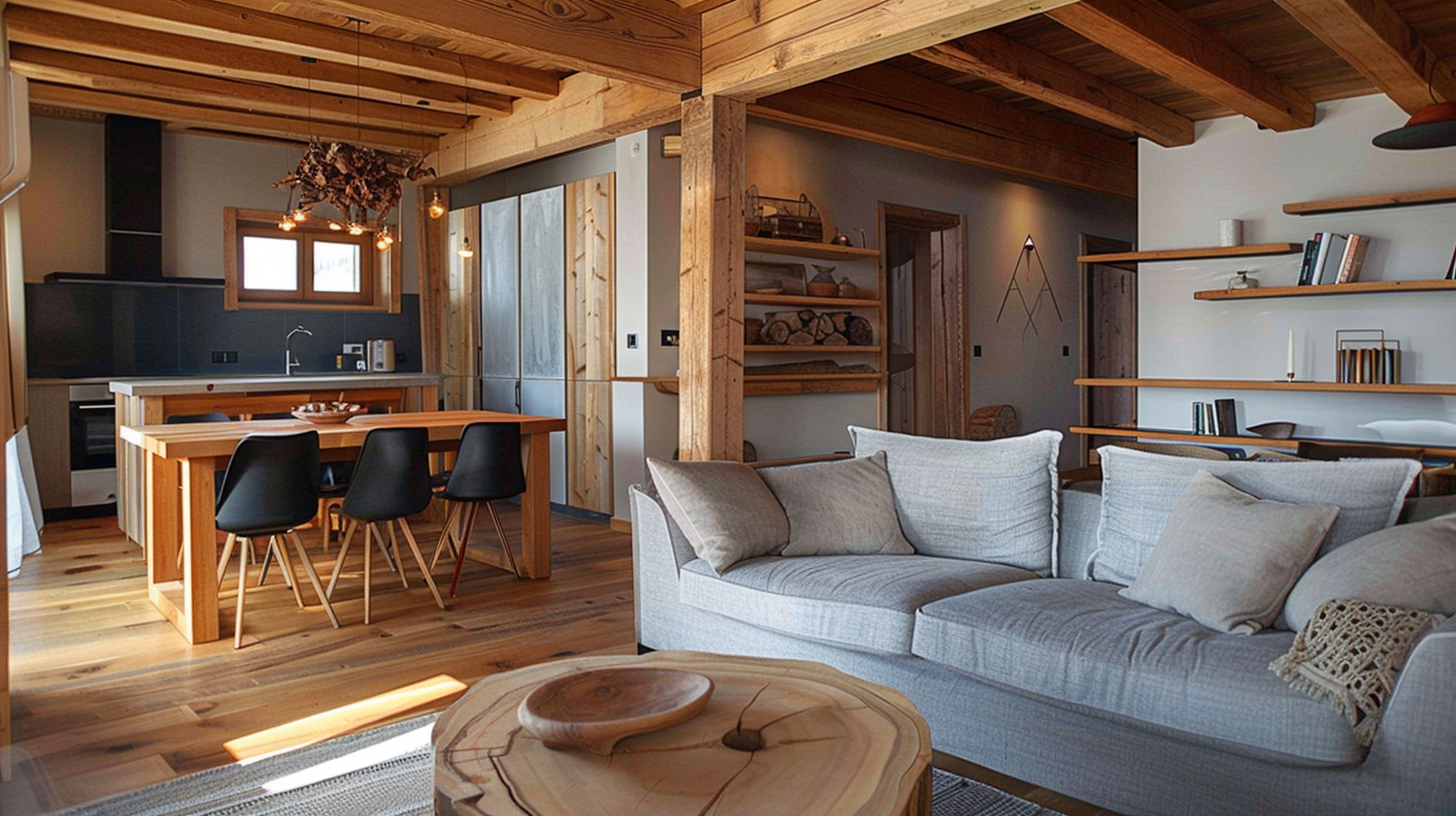 A stylish interior featuring wooden design elements, including furniture and wall art.
