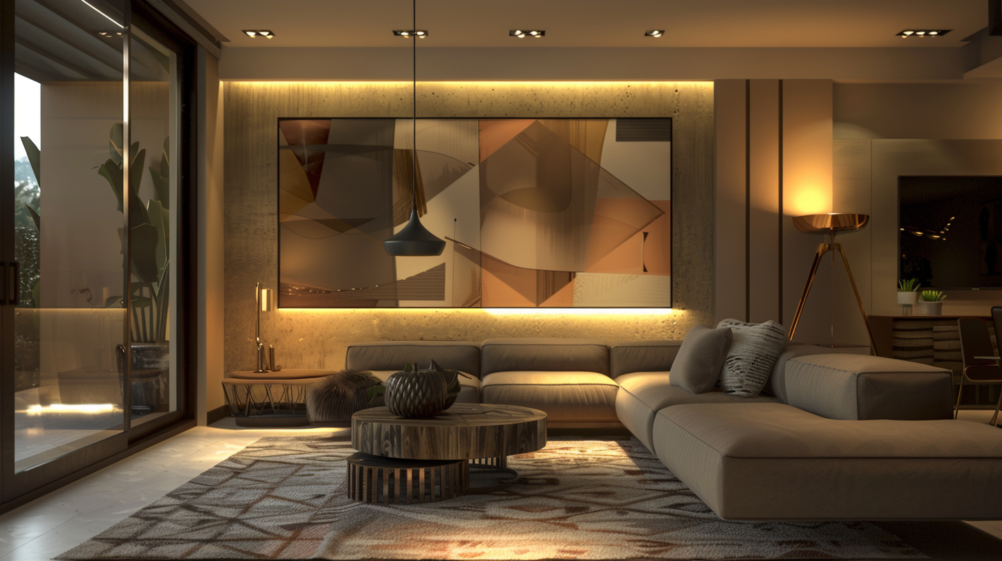 Modern minimalist living room with sculptural lighting, LED accents, and wall art illuminated by spotlights.