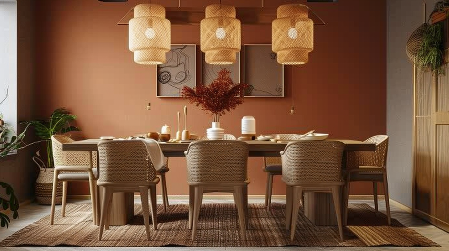 A cozy modern dining room with warm lighting, earthy tones, and natural elements designed to enhance appetite.