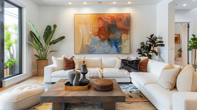 Modern living room showcasing oversized artwork and small décor elements in a harmonious balance.