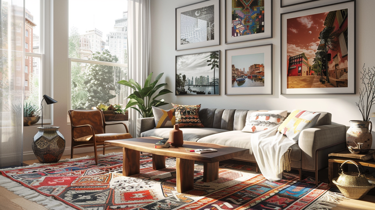 "A modern living room showcasing travel-inspired decor, featuring framed travel photography and cultural sculptures.