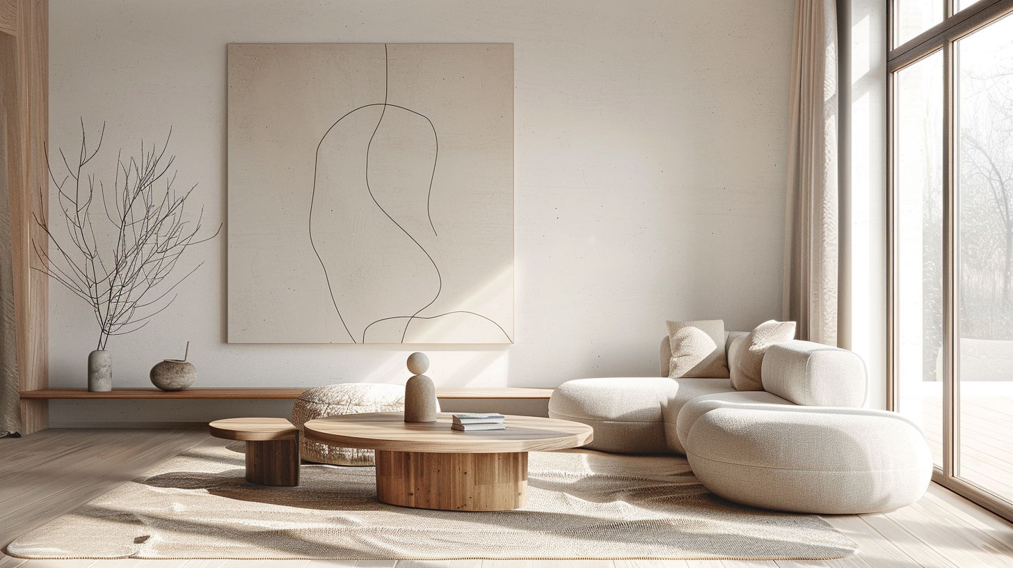 Minimalist living room with abstract line art on the wall in black continuous line