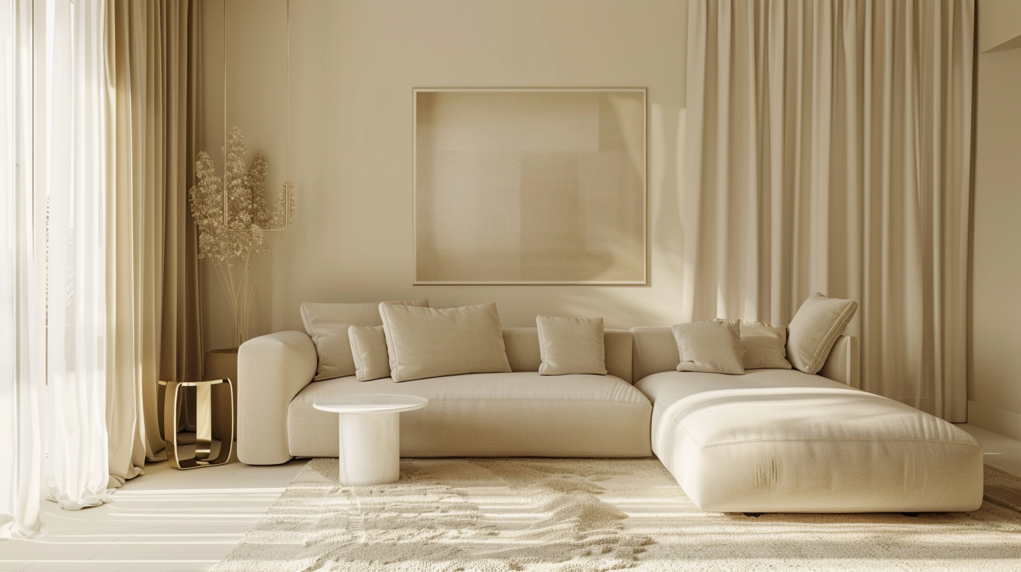 A sophisticated living room designed in soft beige tones with layered textures and natural light.