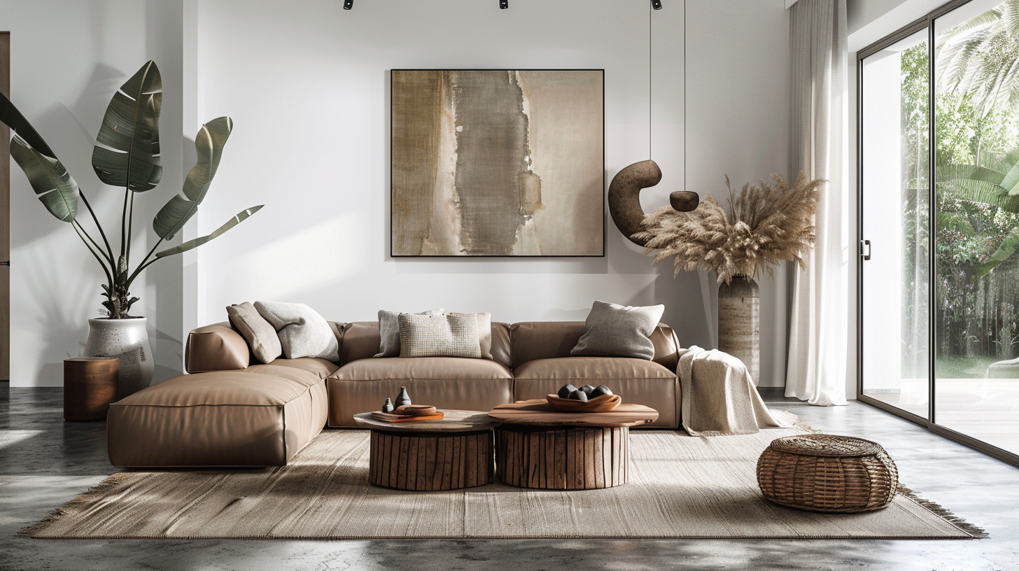 Minimalist living room with layered textures, including a leather sofa, wooden table, woven rug, and textured wall art.