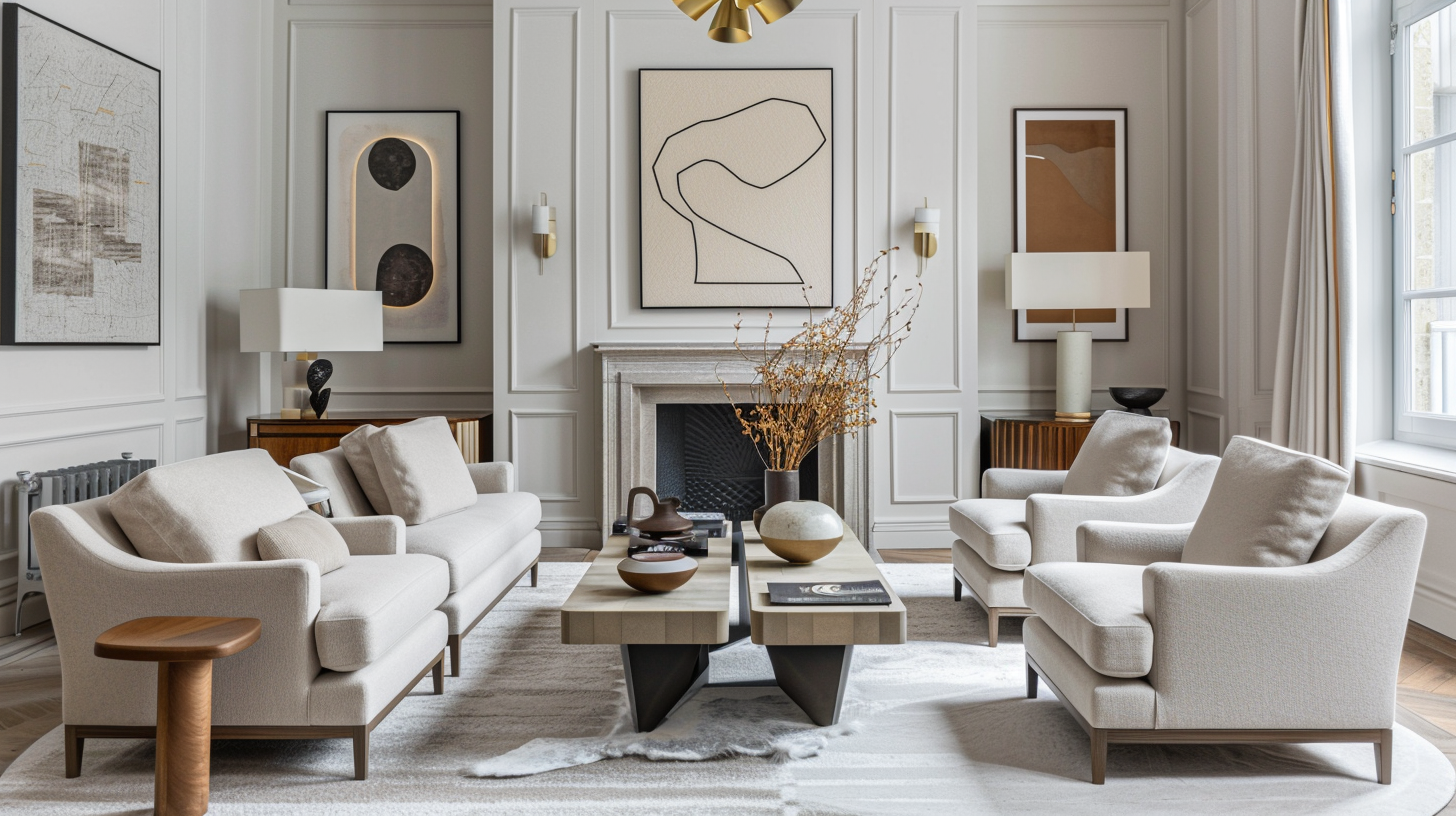 Modern living room featuring a blend of symmetrical furniture arrangement and asymmetrical wall art, with neutral tones and accent colors.