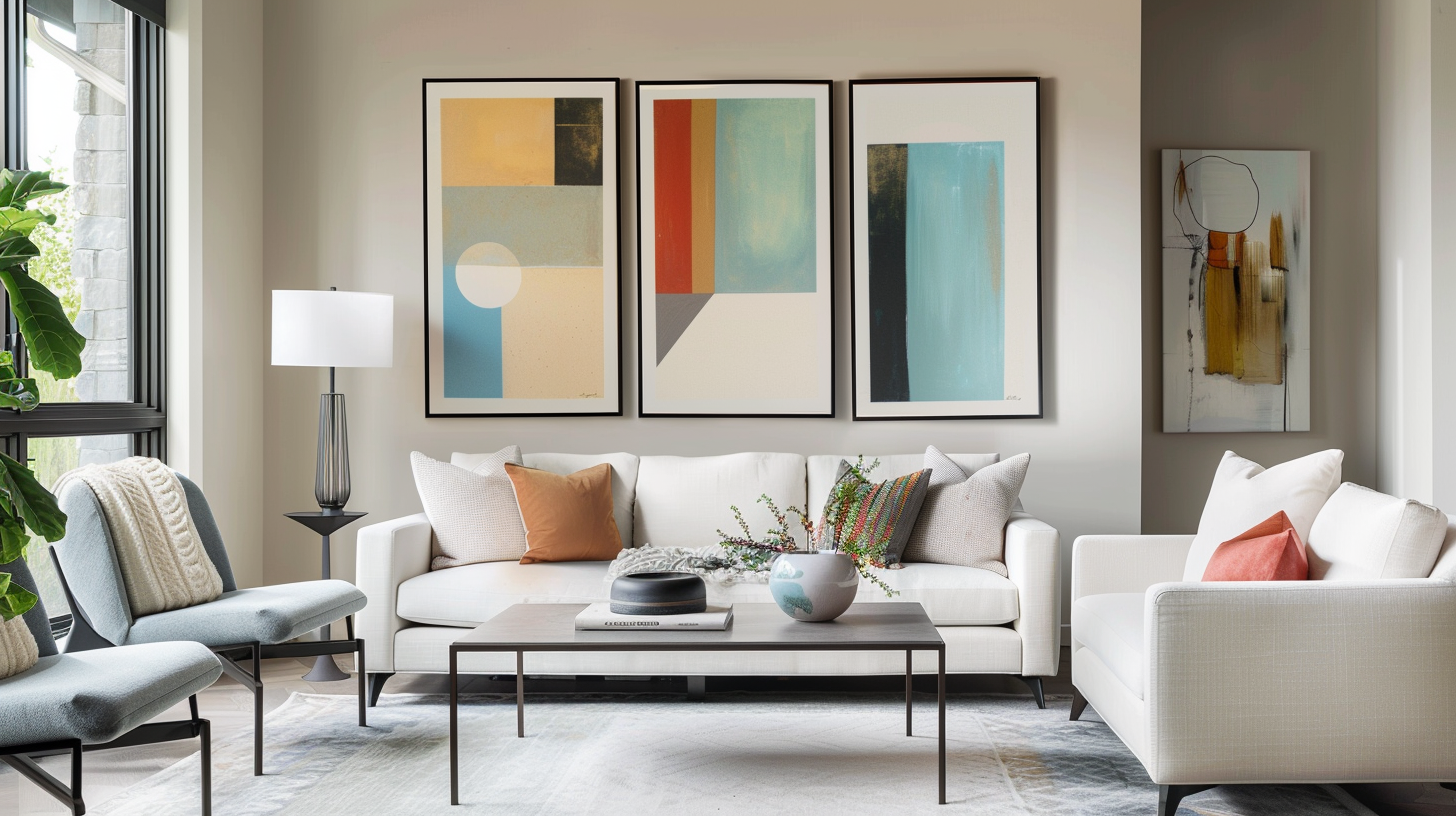 Modern small living space featuring large-scale geometric wall art with light tones, reflecting natural light.