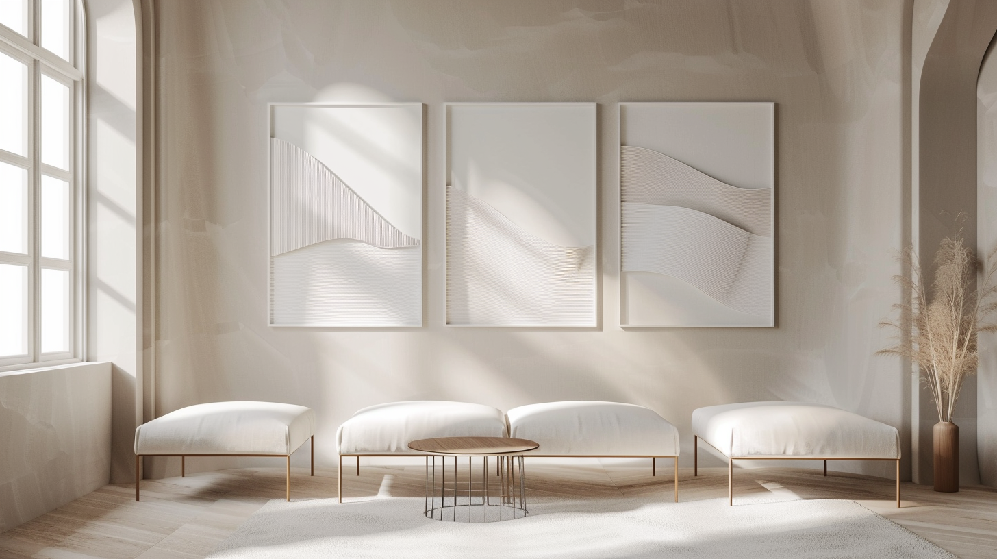 A minimalist living room showcasing paper-based wall art, focusing on geometric shapes and neutral tones.