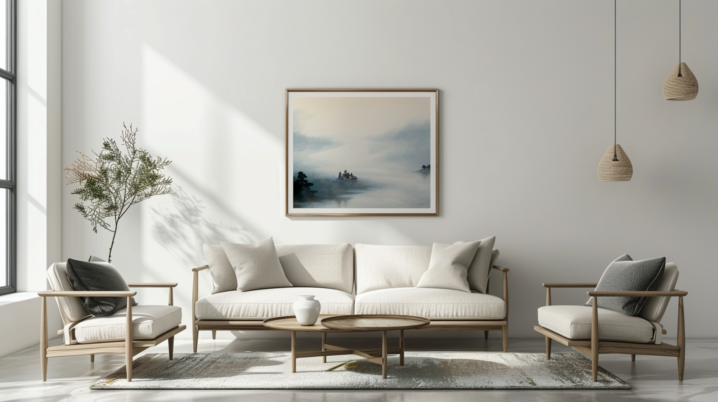 A modern living room featuring a minimalist wall art piece, a soft watercolor painting, and a framed photograph in a Scandinavian-style interior.