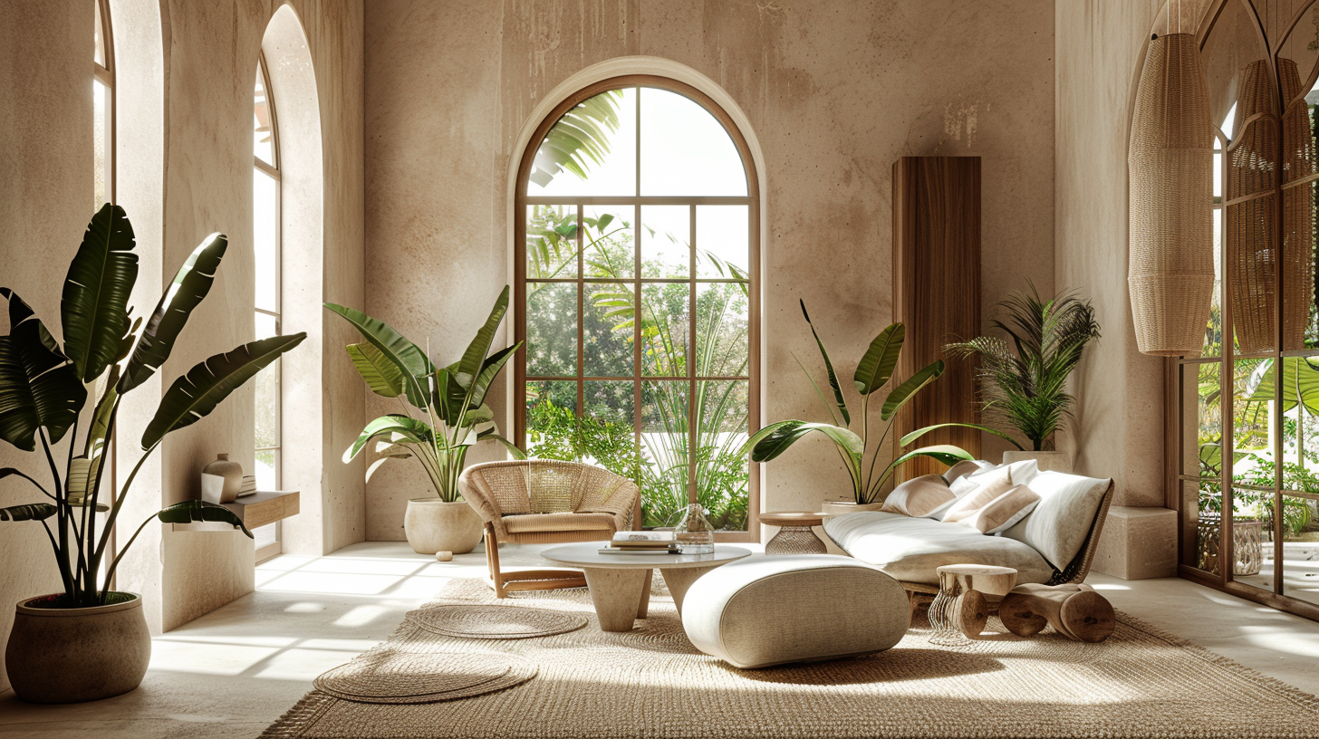 A serene natural style interior with biophilic elements and earthy tones.