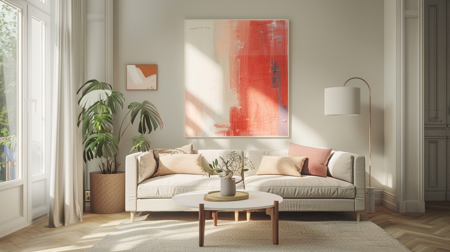 Minimalist living room with soft pastel walls, modern furniture, and a vibrant abstract painting as a focal point.