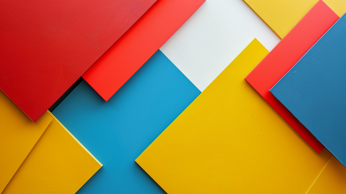 Colorful minimalist artwork featuring bold geometric shapes and vibrant hues on a clean white background.