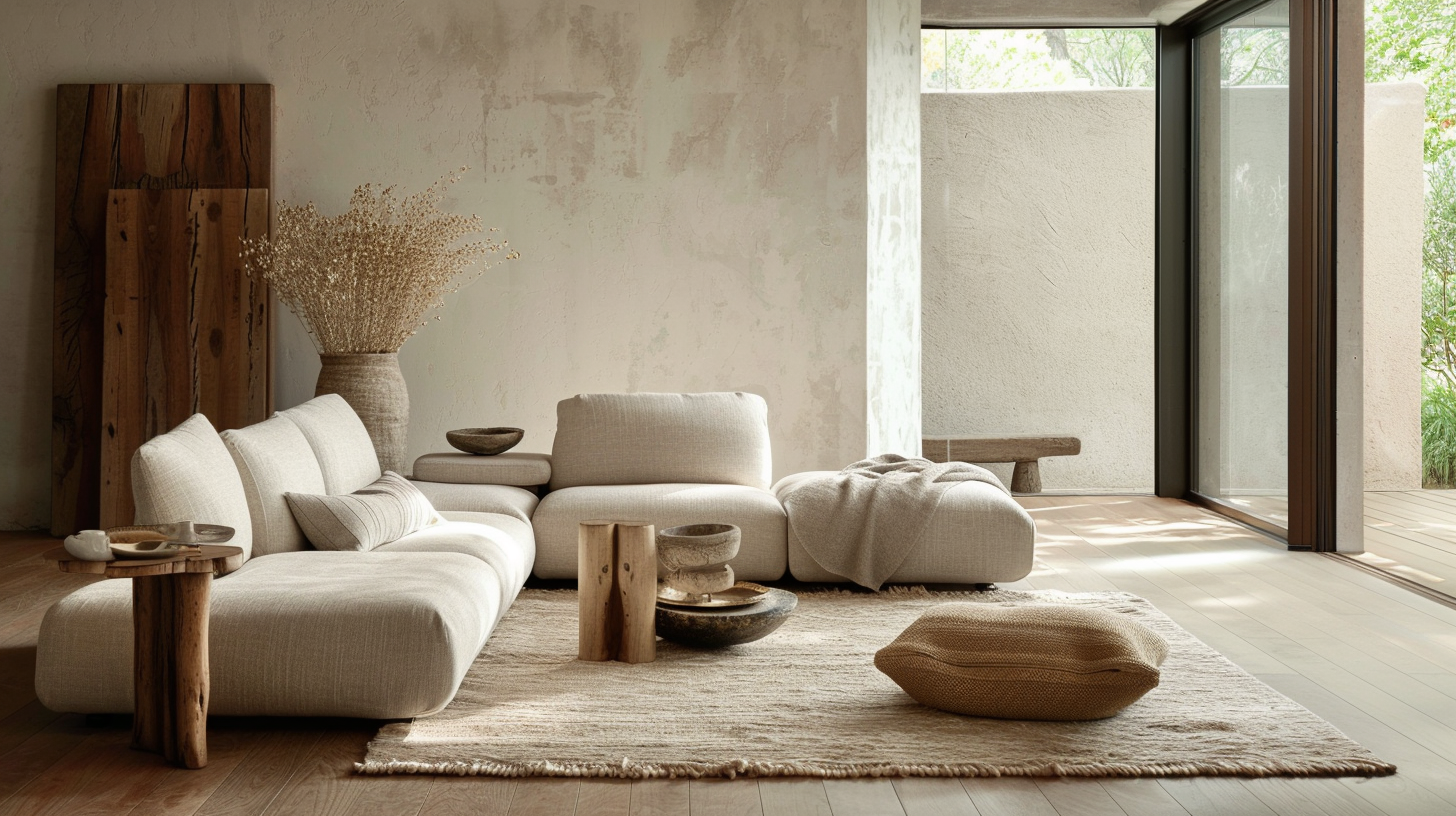 Minimalist living room with natural textures and biophilic elements