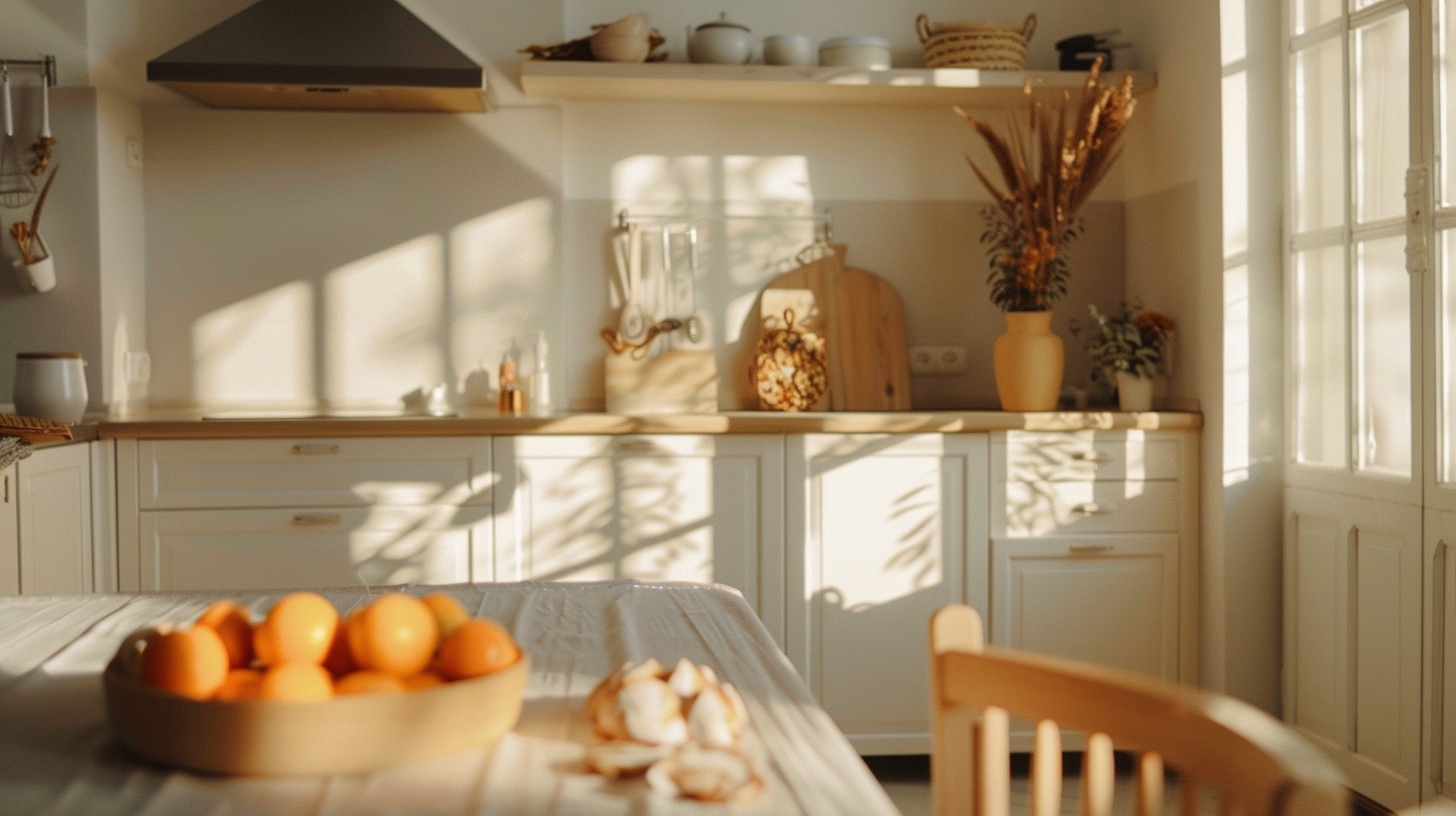 A minimalist Scandinavian kitchen featuring food-based decor with oranges and artisanal bread as centerpieces.