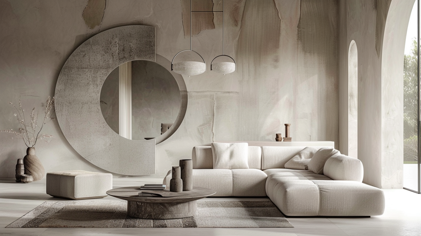 A minimalist living room featuring circular furniture, a round mirror, and geometric wall art by CABIN ART.